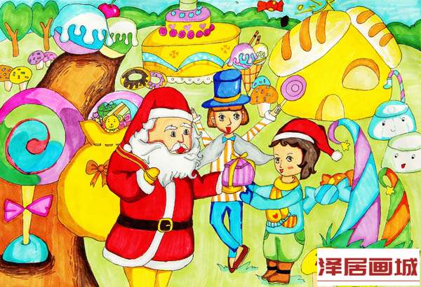 儿童画圣诞老人吃巧克力
