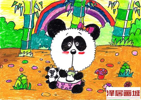 儿童画大熊猫爱喝奶