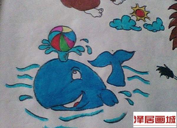儿童画海豚戏水