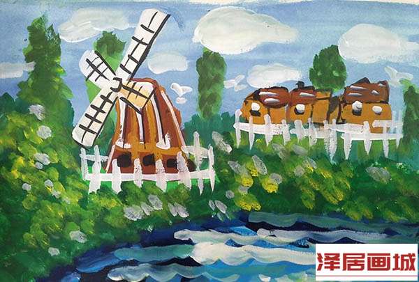 儿童画乡村大风车