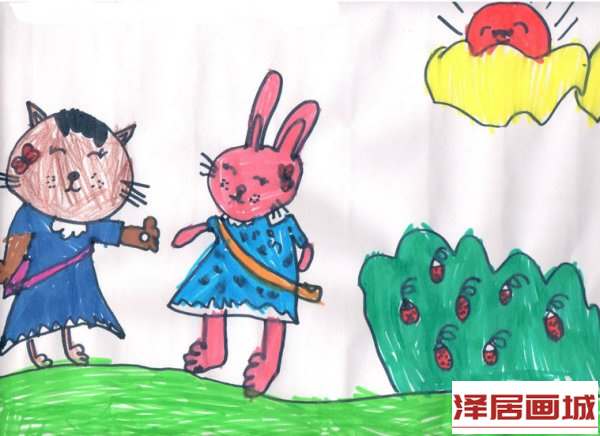 儿童画小猫和小兔
