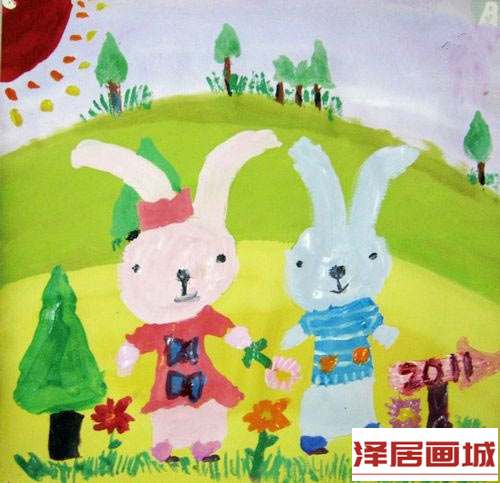 儿童画小兔子的快乐假期