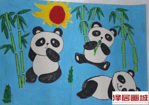 儿童画三只熊猫