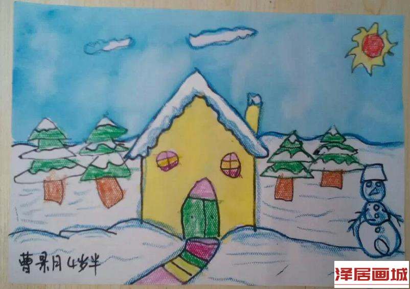 儿童画雪中的房子