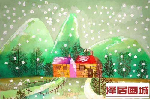儿童画雪后的村庄