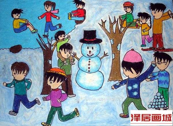 儿童画一起打雪仗