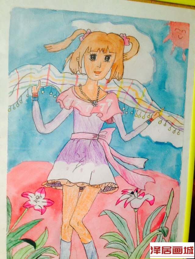 儿童画风中的女孩
