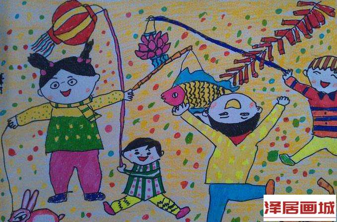 儿童画点灯笼庆新年