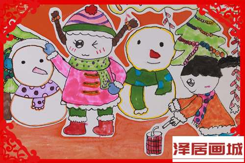 儿童画过新年放鞭炮
