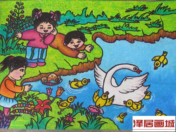 儿童画春天的大白鹅