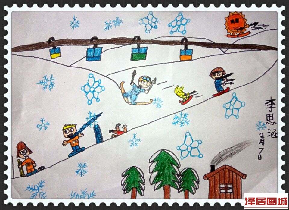 儿童画欢乐的滑雪
