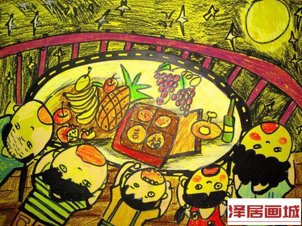 儿童画丰盛的晚餐