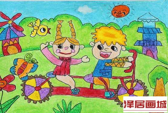 儿童画双人单车