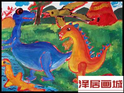 儿童画恐龙戏水