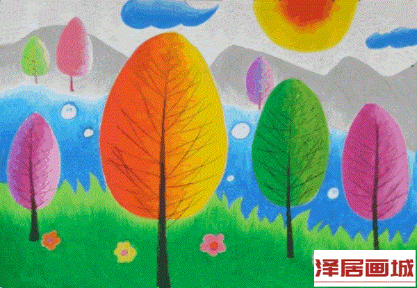 儿童画五彩的树林