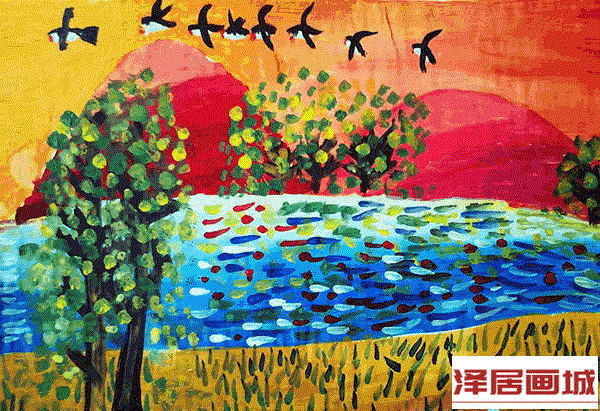 儿童画美丽的夕阳