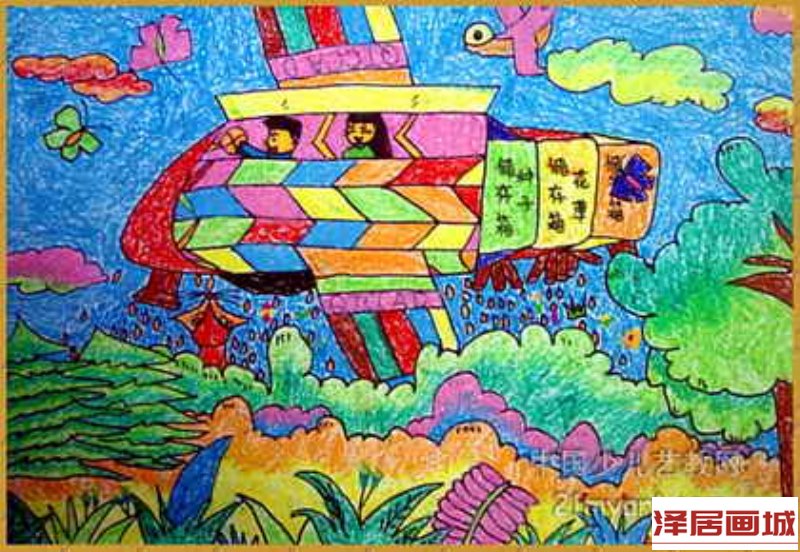 儿童科幻画：多功能绿色飞车（科幻画图片）