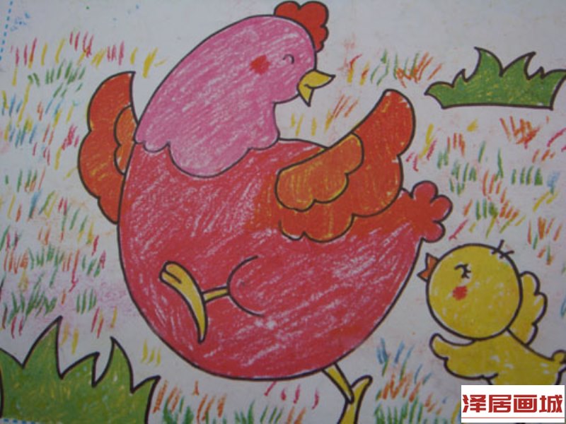 儿童画作品图片：鸡妈妈和小鸡的游戏