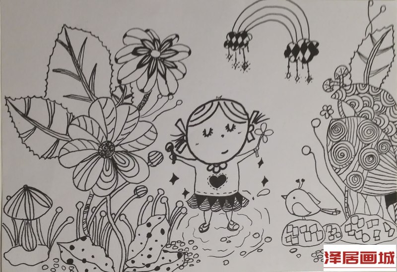 线描画作品图片：拇指姑娘