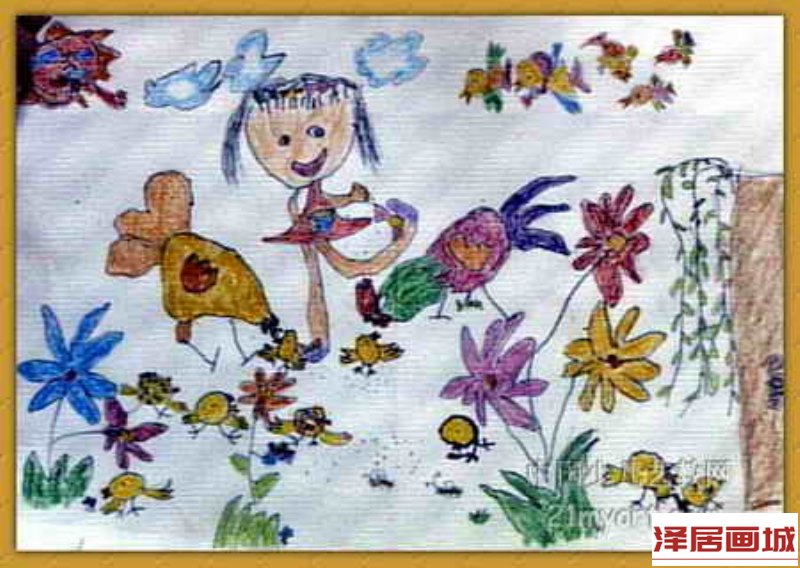 儿童画《喂鸡》