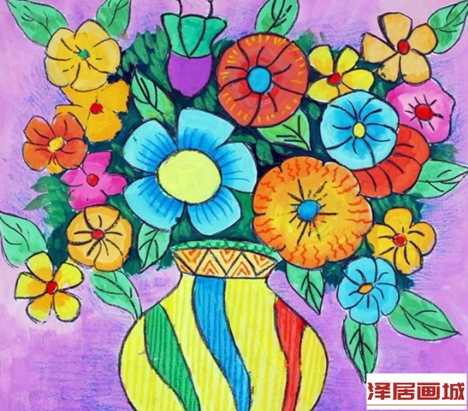 儿童画插满鲜花的花瓶