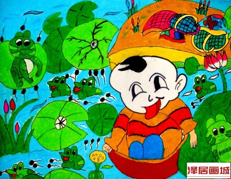 儿童画宝宝和青蛙蝌蚪