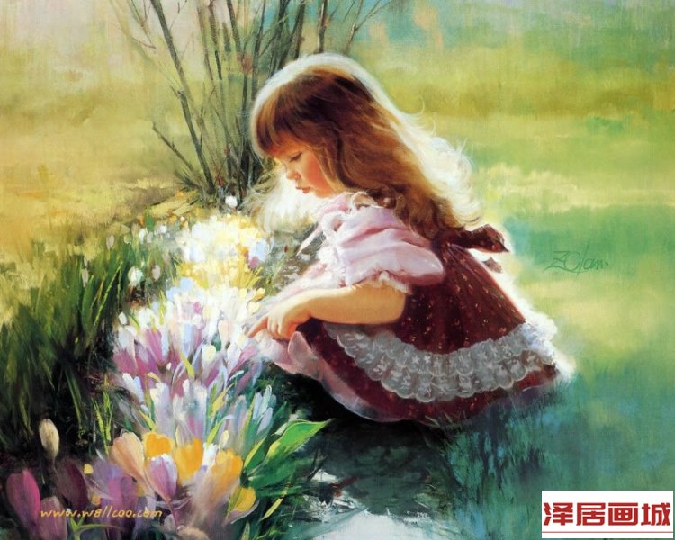 儿童画赏花的小女孩