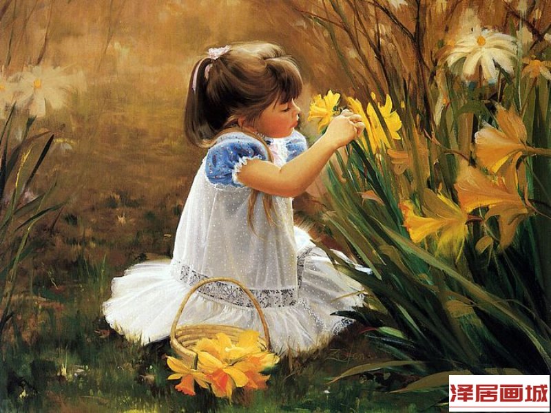 儿童画菜花的小女孩