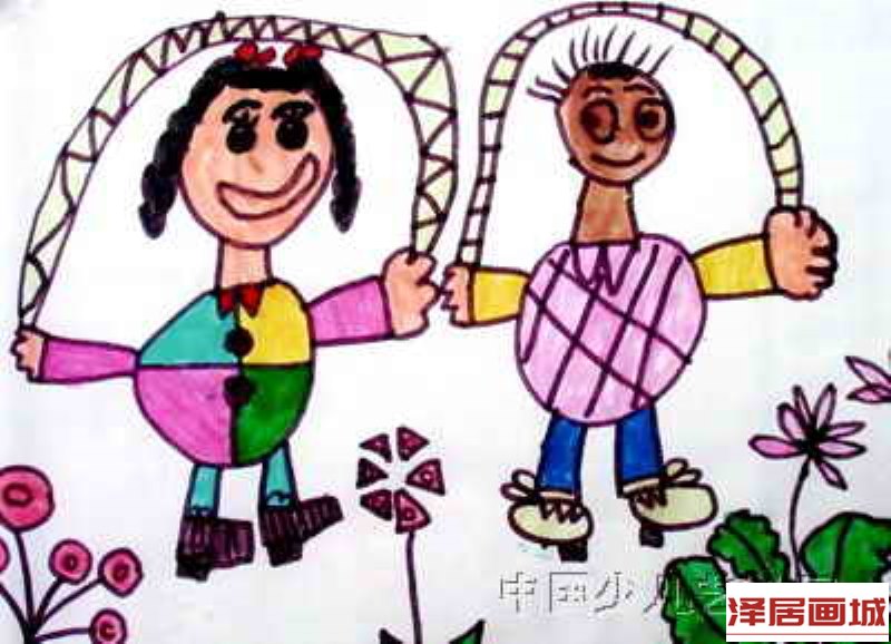儿童画跳绳的小朋友