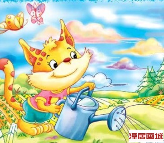 儿童画小猫种鱼