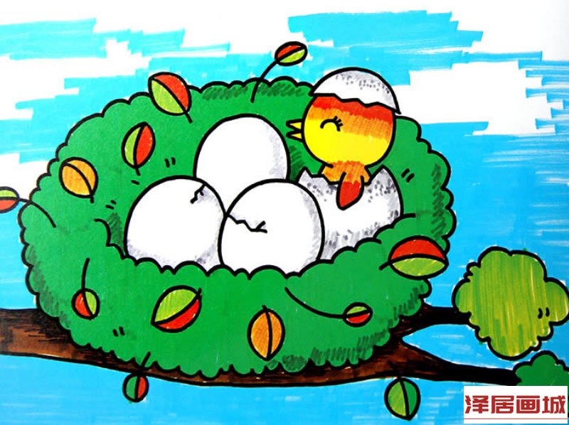 儿童画鸟巢中的小鸟