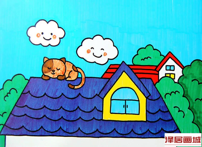 儿童画屋顶上睡觉的猫