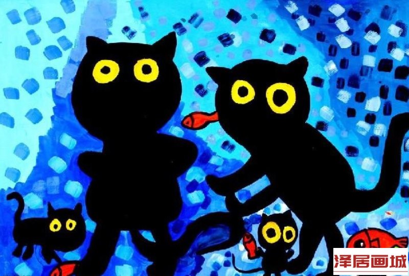 儿童画黑猫抓鱼