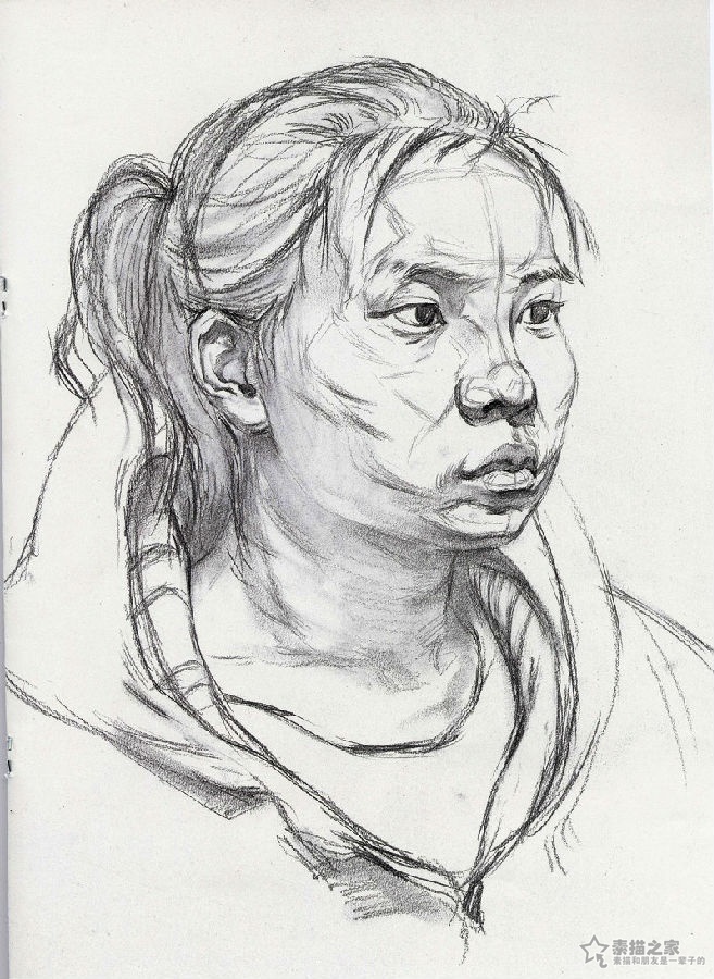 素描女青年头像讲解分析