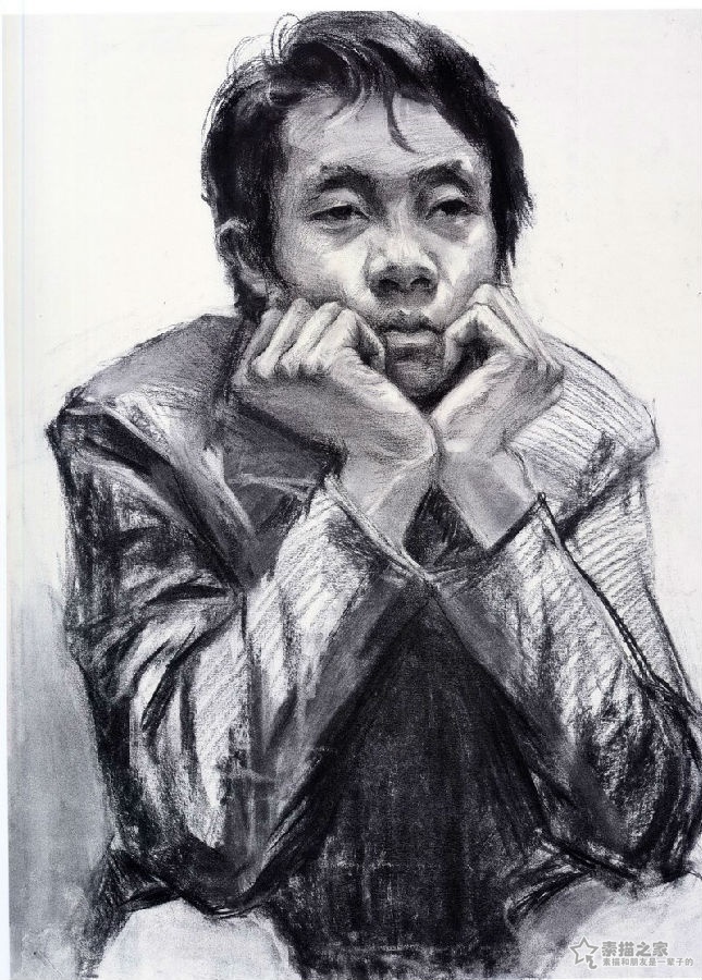 双手托下巴的男青年素描像