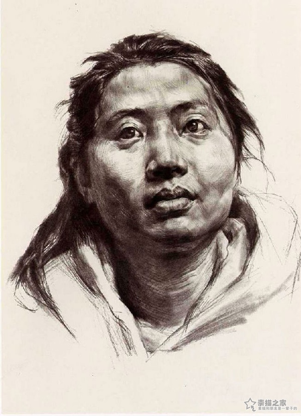 素描女青年头像步骤示范
